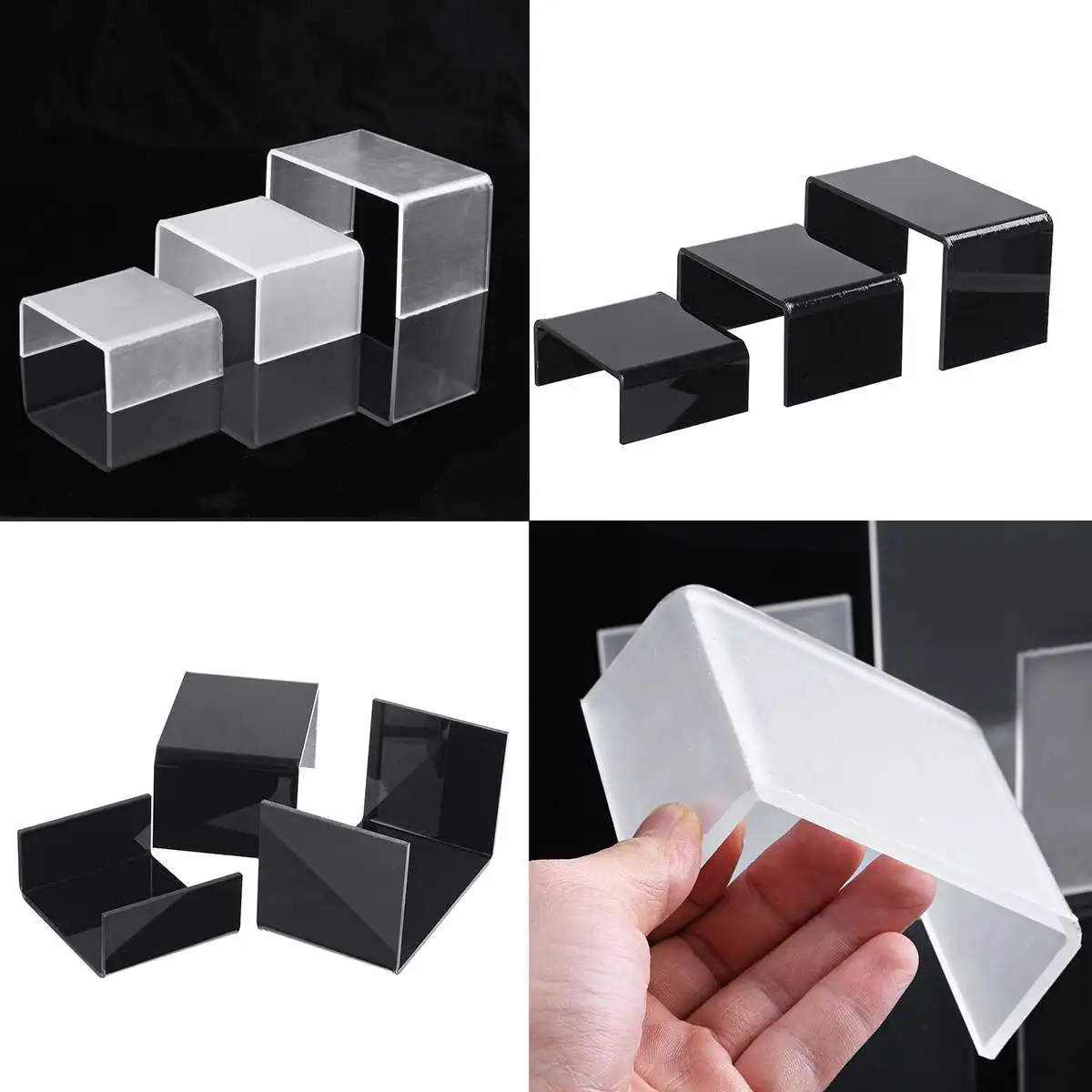 3Pcs Clear Black Acrylic Display Bridges Riser Shelf Plinths Retail Stall Shoe Racks Jewelry Figurines Collection Stand Holder