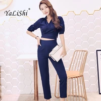 summer 2 piece set women suit blue turn down collar half sleeve plaid elegant office top and straight ankle length ol pants