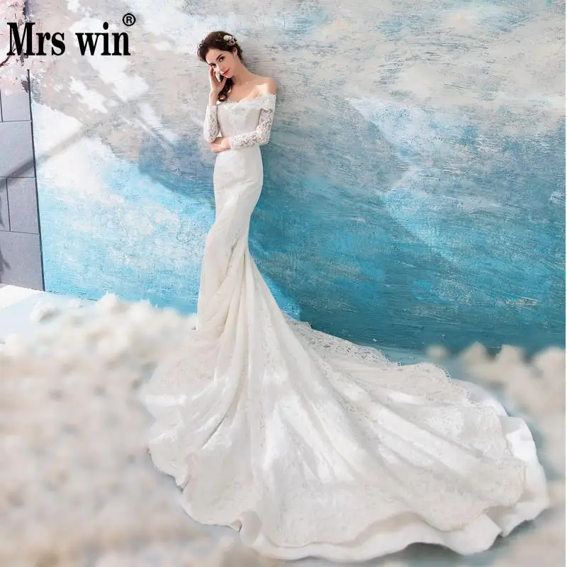 Свадебное платье 2019 новое с длинным рукавом Mrs Win элегантное вырезом &quotлодочка&quot
