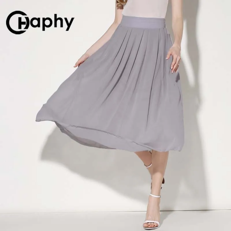 Винтаж Твердый Шифон юбки 2017 юбка лето шифон макси плиссе Мода Серый женская Юбка