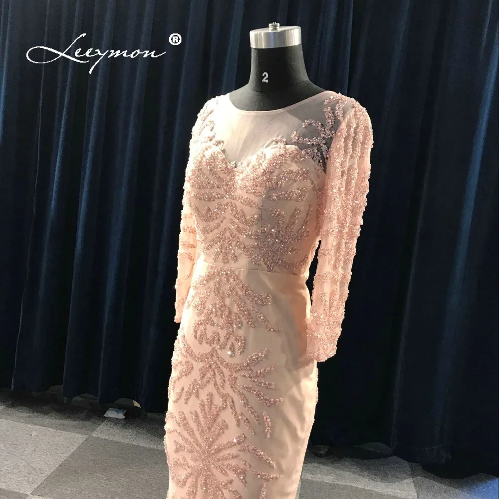 Leeymon Free Shipping 2020 Evening Dress Luxury Long Sleeves Handwork Beading Evening Gown Robe De Soiree Longue Real Pictures