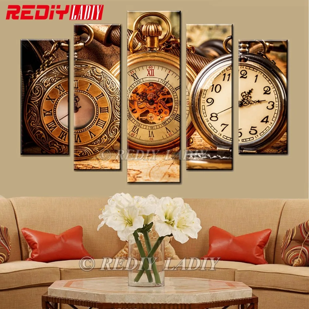 Алмазная картина Триптих вышивка натюрморт часы Модульная из 5 панелей настенные
