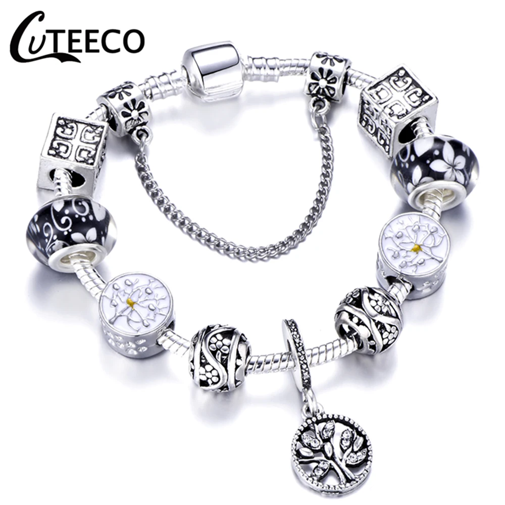 CUTEECO 925, модный серебряный браслет с шармами, браслет для женщин, Хрустальный цветок, сказочный шарик, подходит для брендовых браслетов, ювелирные изделия, браслеты