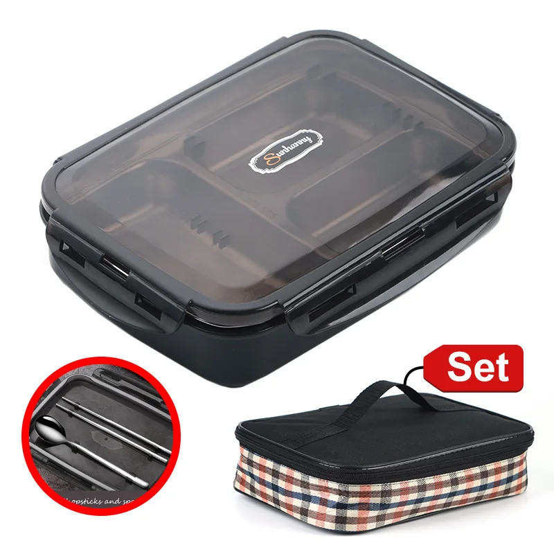 box Black with bag Sunhanny Портативный Ланч-бокс для детей школы 304 из нержавеющей стали Bento box Герметичный пищевой контейнер с палочки для еды и ложки - Цвет: box Black with bag