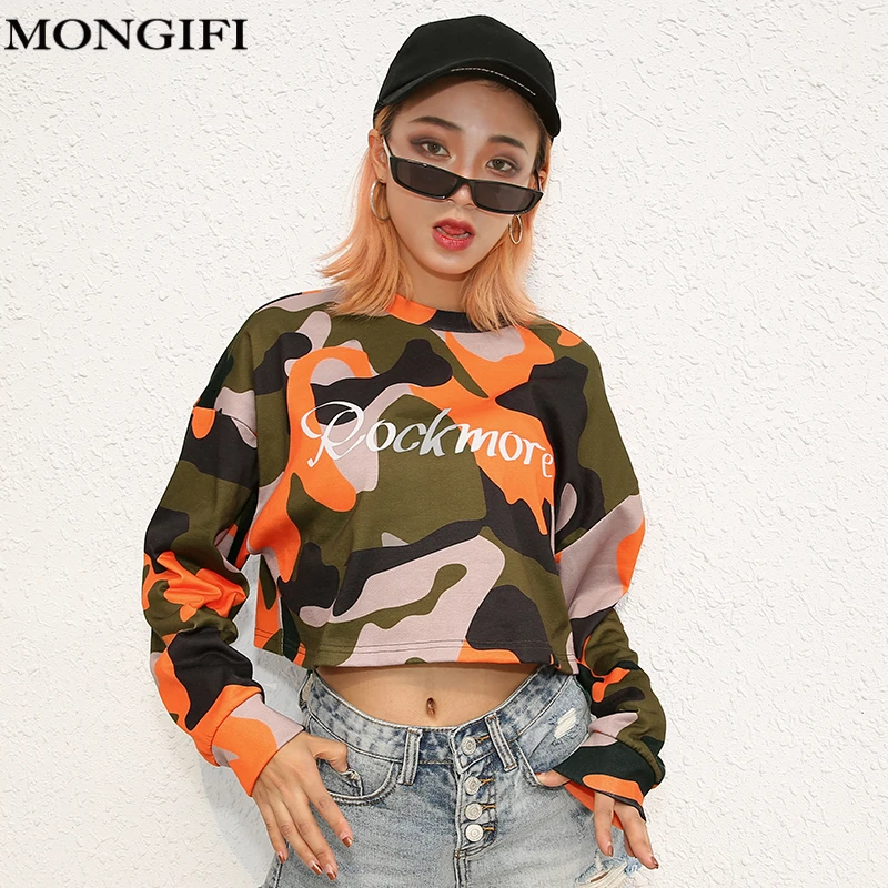 MONGIFI письмо Камуфляж Толстовка Для женщин укороченный топ Camo Hoodie Толстовки с