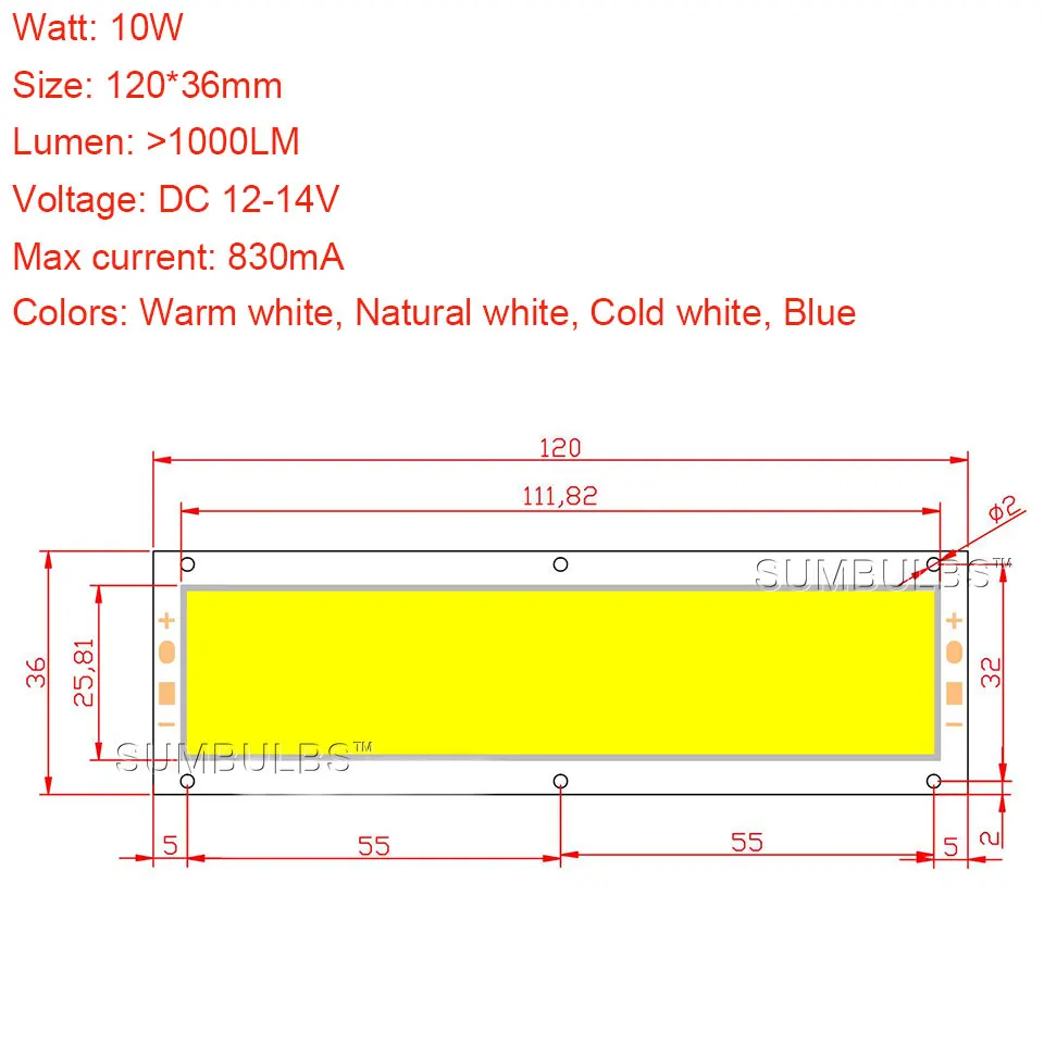 [SUMBULBS] DC 12-14 в COB Светодиодный модуль светильник источник 10 Вт 120*36 мм для DIY автомобиля рабочий дом открытый светильник ing 1000LM ультра яркая лампа