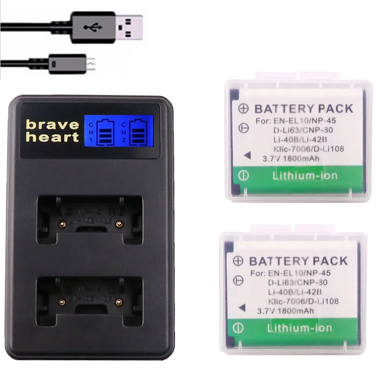 2battery and charger Li-42B Li-40B Li ion аккумулятор 40B 42B Батарея для цифровой камеры Olympus Li-42B NP-45, для Nikon EN-EL10 D-Li63 D-Li108 NP-80 CNP80 KLIC-7006 - Цвет: 2battery and charger