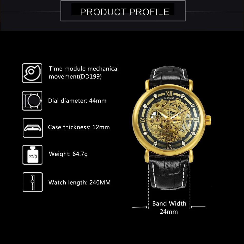 Роскошные золотые мужские механические часы-скелетоны FORSINING с кожаным ремешком