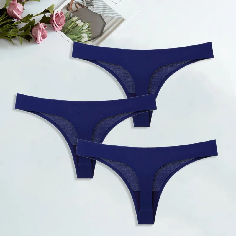 Navy blue-3 pcs Шелк льда стринги для женский сексуальный бесшовный стринги трусики хлопок женское нижнее белье девушки бикини женские трусы нижнее белье 3 шт./компл - Цвет: Navy blue-3 pcs