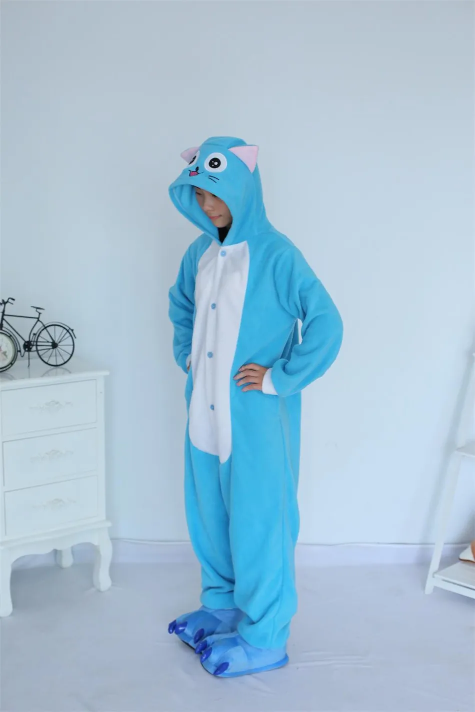 Мультфильм животных Хэллоуин kigurums Новый взрослый синий Happy Cat Onesie пижамы