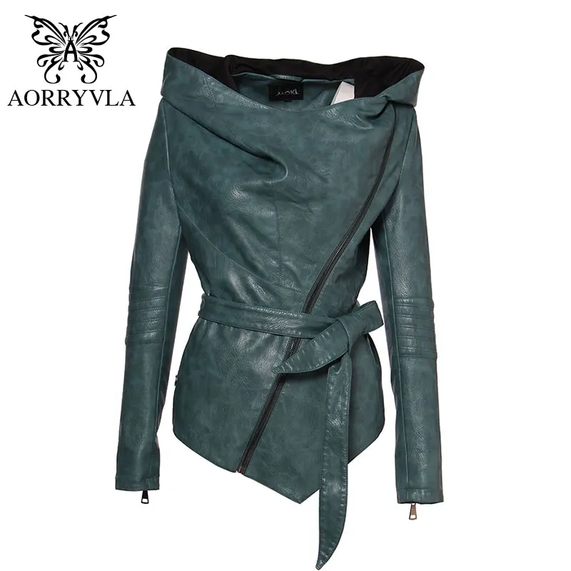 

AORRYVLA 2020 New Autumn Women Slim Leather Jacket Hoodies Full Sleeve Short Length Casual Black Faux Leather Jacket With Belt