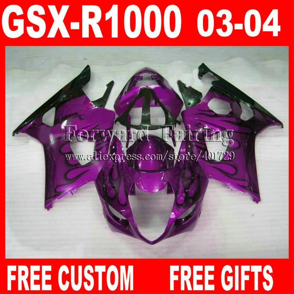

Hot sale Fairings for SUZUKI 2003 2004 GSXR1000 K3 fairing set 03 04 GSXR 1000 purple black flames GSXR 1000 7 gifts DK836