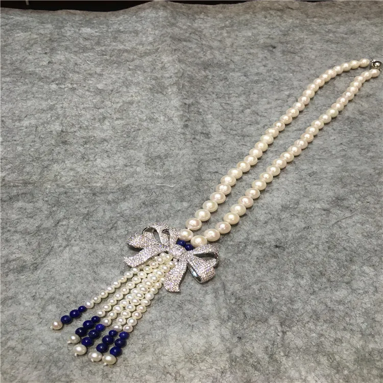 Hand knotted natural 8-9mm white freshwater pearls Lapis lazuli bowknot accessories long necklace sweater chain fashion jewelry | Украшения