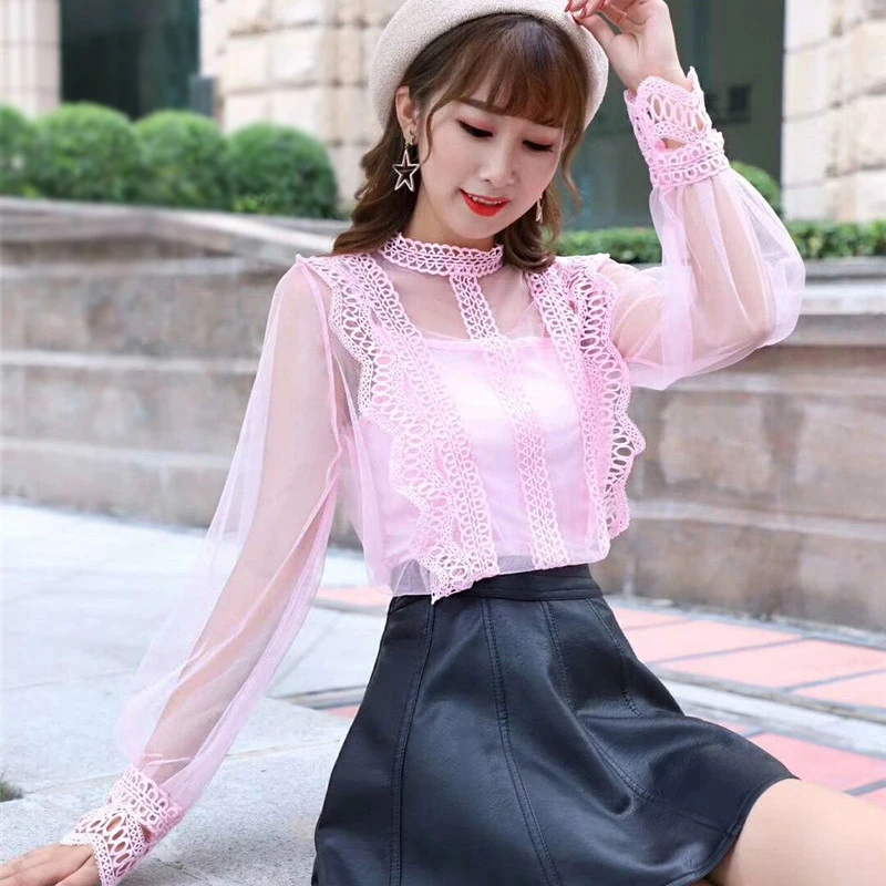 2019 new  Blouses Slim Bottoming Long sleeves  White Shirt Woman clothes Office Lady  Lace Hook Flower Hollow tops give tank top