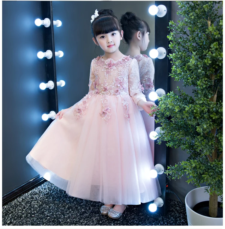 2017 Long Sleeve Flower Girls Dresses For Wedding Pink Lace Girl Formal Birthday Party Dress Princess Gown Kids Autumn Vestido | Детская