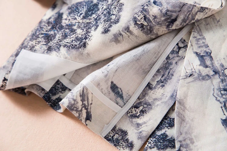SEQINYY Short Jacket Summer Spring New Fashion Design 3/4 Sleeve Ink Forest Printed Thin Casual Women Linen Blazer