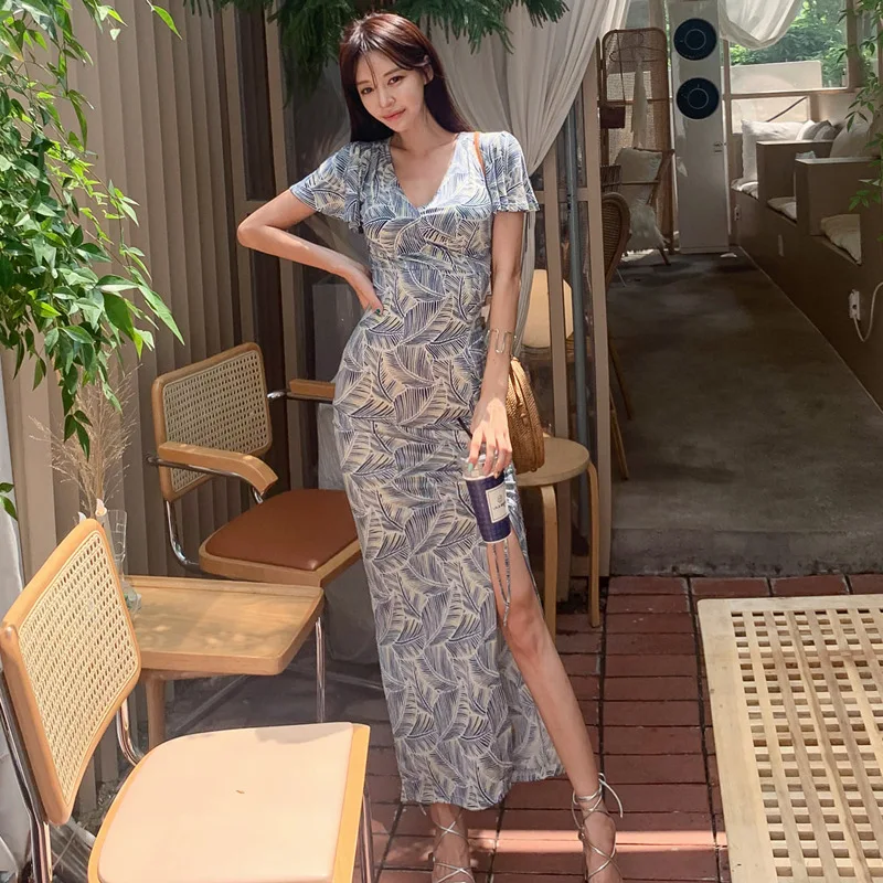 Женское платье с принтом в виде листьев сексуальное вечернее средней длины