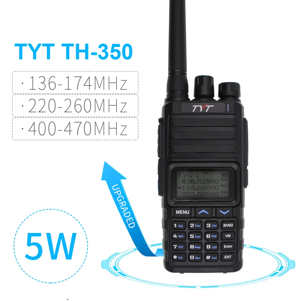 NEW TYT TH-350 Walkie Talkie Tri Band 136-174MHz 220-260MHz 400-470MHz Tri Display 5W High Quality Two way Radio FM Transceiver