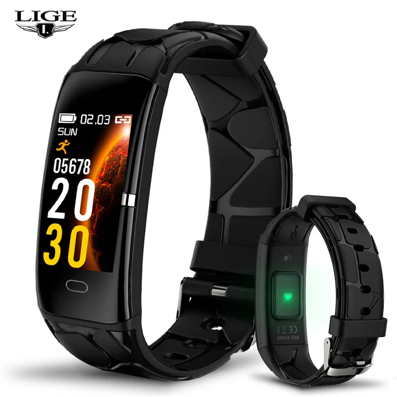 Black LIGE смарт-браслет IP68 Водонепроницаемый монитор сердечного ритма Фитнес трекер Smartwatch Для мужчин Для женщин шагомер, смарт-браслет - Цвет: Black