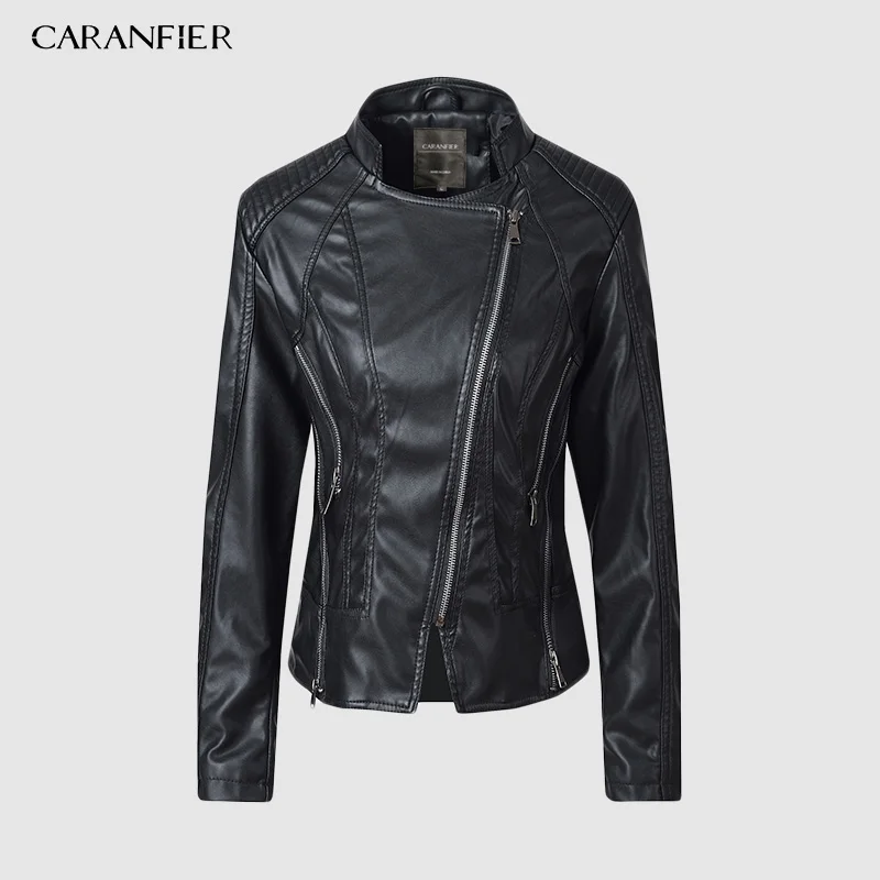 

CARANFIER New Fashion Women Smooth Motorcycle Faux Leather Jackets Ladies Long Sleeve Autumn Winter Biker Streetwear Black Coat