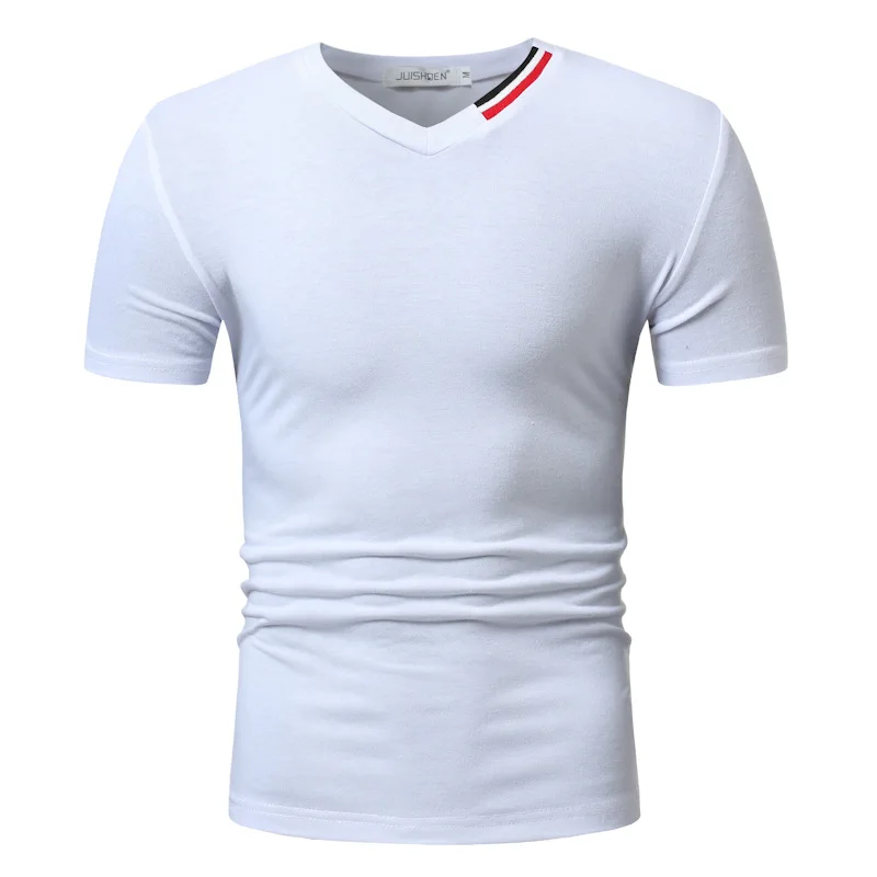 Мужская Однотонная футболка с v образным вырезом Повседневная короткими