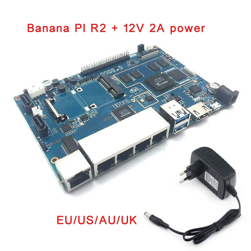Banana Pi R2 BPI-R2 четырехъядерный 2 Гб ОЗУ с SATA WiFi Bluetooth 8 ГБ eMMC demo одноплатный+ акриловый чехол+ 12 В 2A DC power