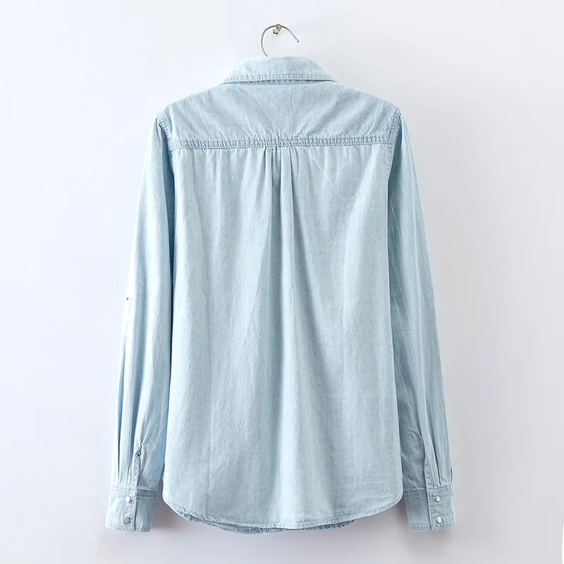 Женская Джинсовая блузка Повседневная Весенняя рубашка с отложным воротником и