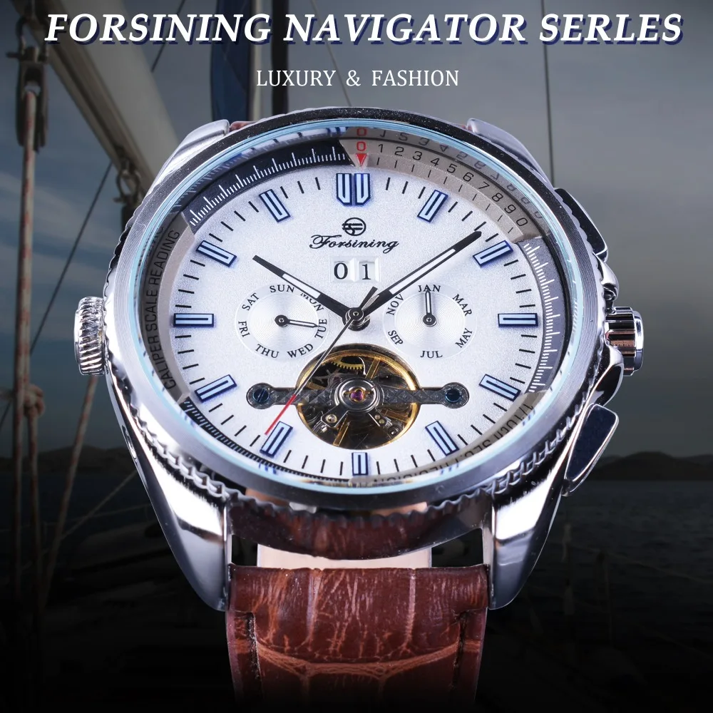 Forsining Navigator Series коричневые кожаные часы из турбийона с синим циферблатом и календарем, Мужские автоматические часы от ведущего бренда, роскошные часы