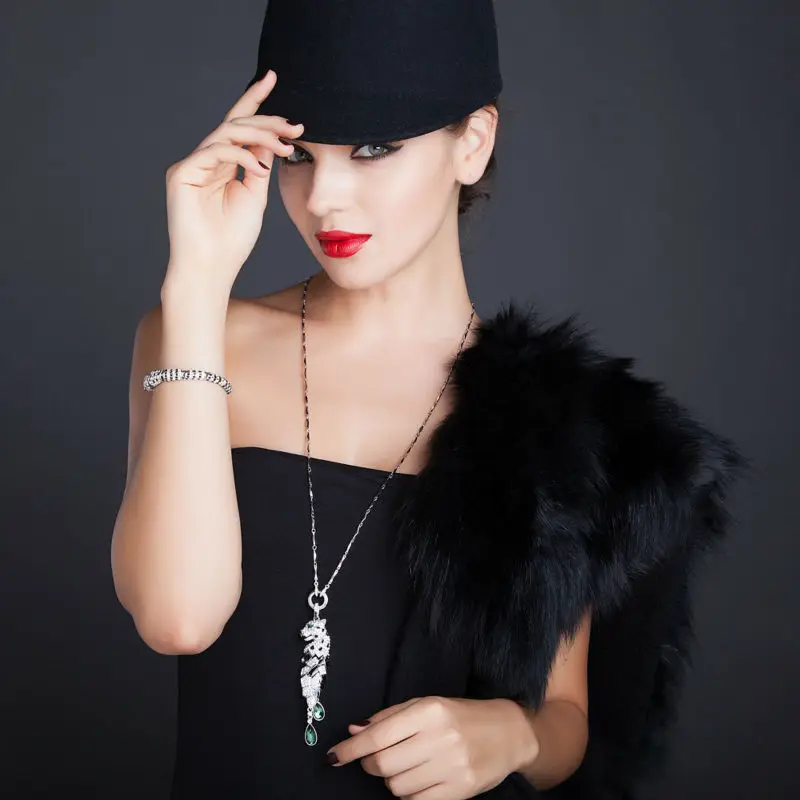 Блестящие Leopard кристалл эмаль длинный свитер цепи Цепочки и ожерелья подвеска