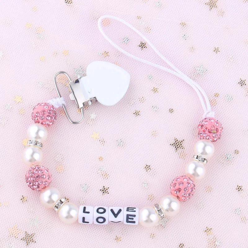 Розовый XCQGH персонализированное имя Bling Baby соски Держатель Зажимы жемчужная Соска с бусами цепь Attache Sucette держатель для соски ремень - Цвет: Розовый