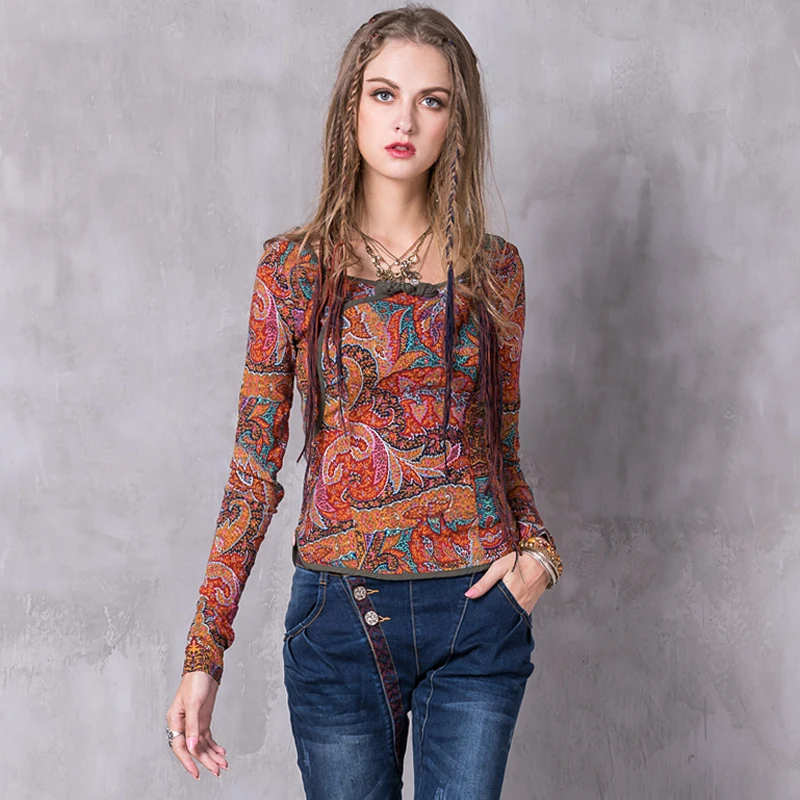 Новая вискозная нейлоновая рубашка Футболки женские 2017 Yuzi.may Boho с цветочным