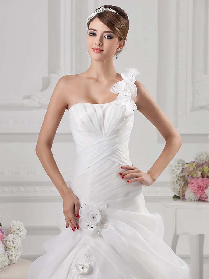 Elegant White Ball Gown Organza Vestido De Novia 2016 One Shoulder Floor Length Flower pleated ruffled Wedding Gowns WD8335 | Свадьбы и