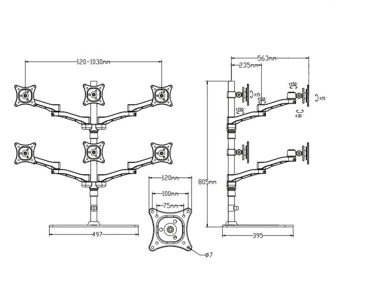 Алюминиевый сплав 13 &quot 24&quot ЖК дисплей LED 6 экран монитор держатель кронштейн