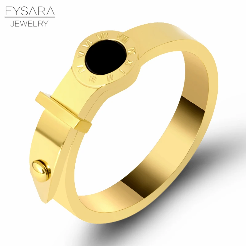 FYSARA Luxury Classic Roman Numerals Belt Finger Ring Black Round Rings For Women Men Stainless Steel Wedding Rivet Gift | Украшения и