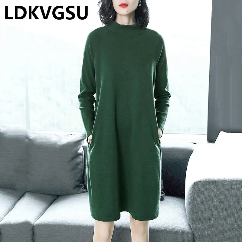 Spring Autumn Dress Female Long Sleeve 2019 New Fashion Temperament Loose Round Neck Large Size Green Knit LQ705 | Женская одежда