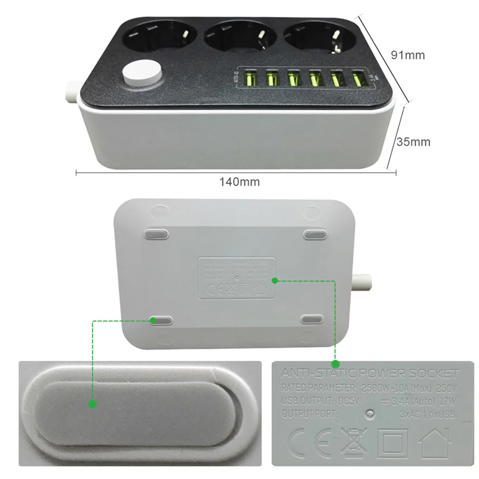 ЕС Plug power Strip с 1,6 м электрический провод-удлинитель 6 usb зарядный порт 3 розетки защита от перегрузки 2500 Вт удлинитель электрический