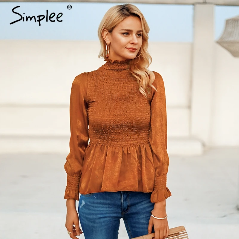 Женская плиссированная блузка Simplee белая летняя рубашка с баской сплошного цвета