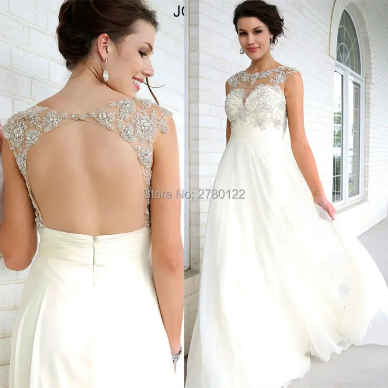 

2020 Distinctive Crystal Beading A-Line Formal Evening Dresses Scoop Neck Cap Sleeve Long Chiffon Backless Prom Party Dresses