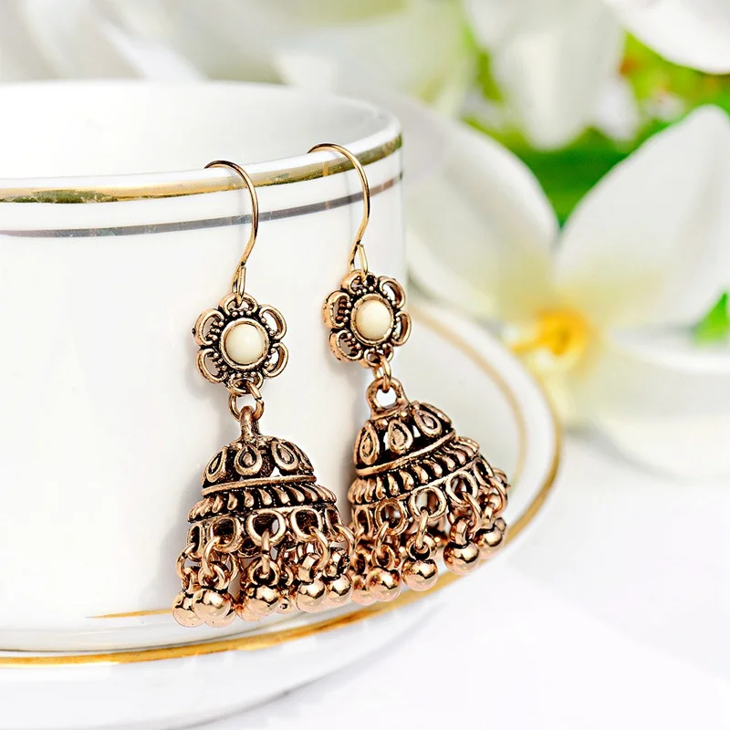 OIQUEI античные индийские серьги в виде цветка Jhumka, цыганские украшения, богемные Этнические Традиционные висячие серьги-колокольчики для женщин - Окраска металла: HQE978-1
