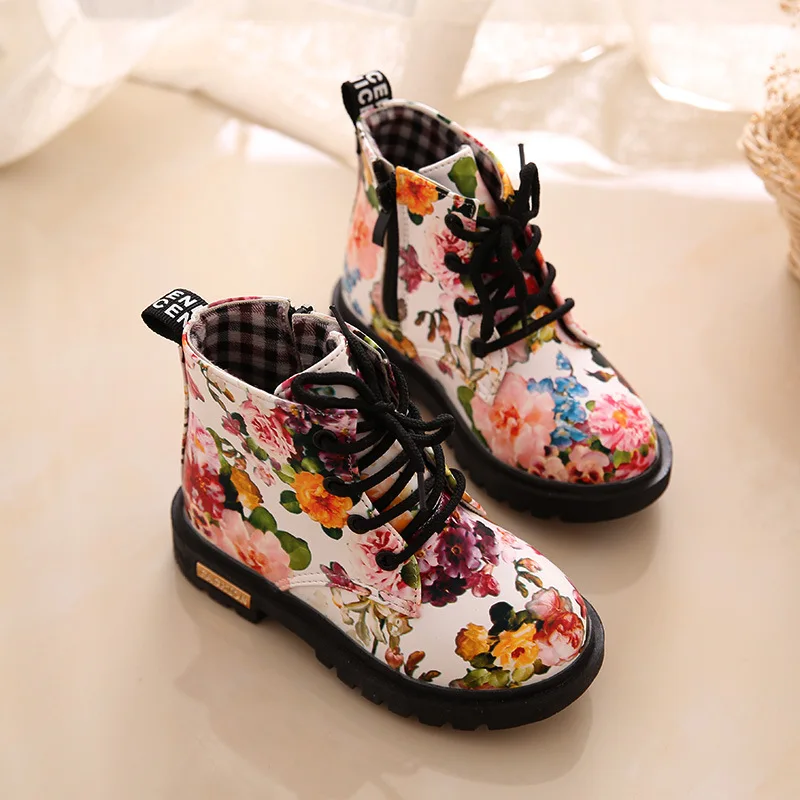 CNFSNJ Cute Girls Boots 2017 New Fashion Elegant Floral Flower Print Kids Shoes Baby Martin Casual Leather Children Boots|baby martin boots|cute