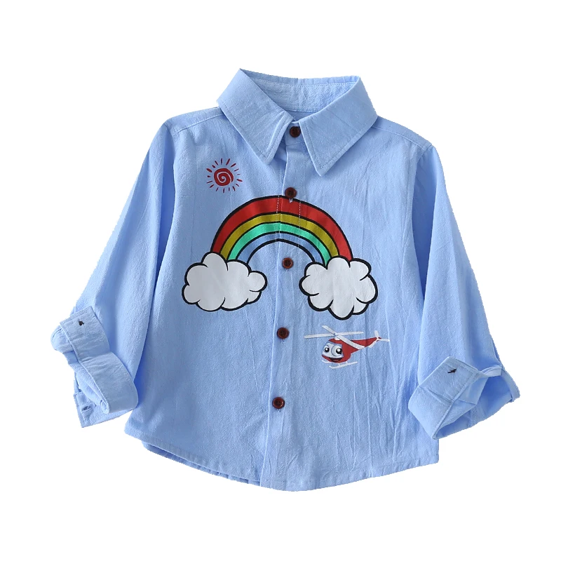 

2021 new Korean children's long-sleeve lapel shirt in children's print rainbow cotton and hemp outsole wearing shirt