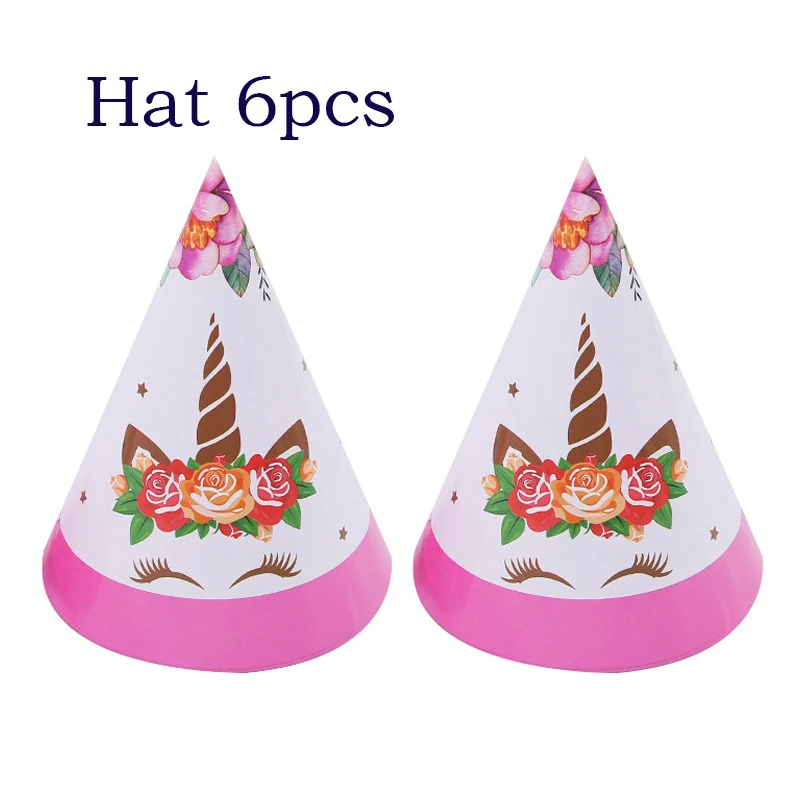 6pcs hat Розовый Единорог вечерние украшения для девочек на день рождения латексные шары Единорог посуда бумажная шляпа салфетки тарелка скатерть с днем рождения подарок - Цвет: 6pcs hat