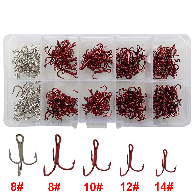 210pcs 35647 High Carbon Steel Treble Fishing Hooks Red Silver Small Round Bent Triple Hard Lure Spoon Fishing Hook Set With Box