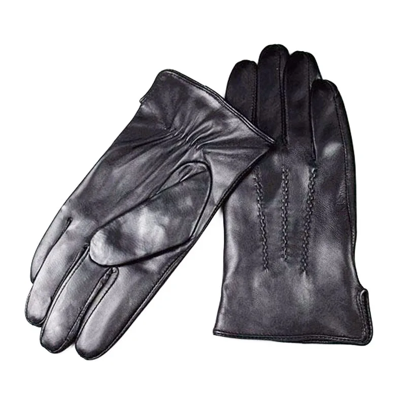 Sheepskin leather gloves men's fashion simple wool lining autumn and winter velvet warm car driving cycling gloves