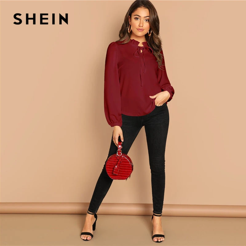 SHEIN Однотонный Топ C Оригинальным Воротником Женская Классическая Блузка С Длинным Рукавом И Стоячим Воротником