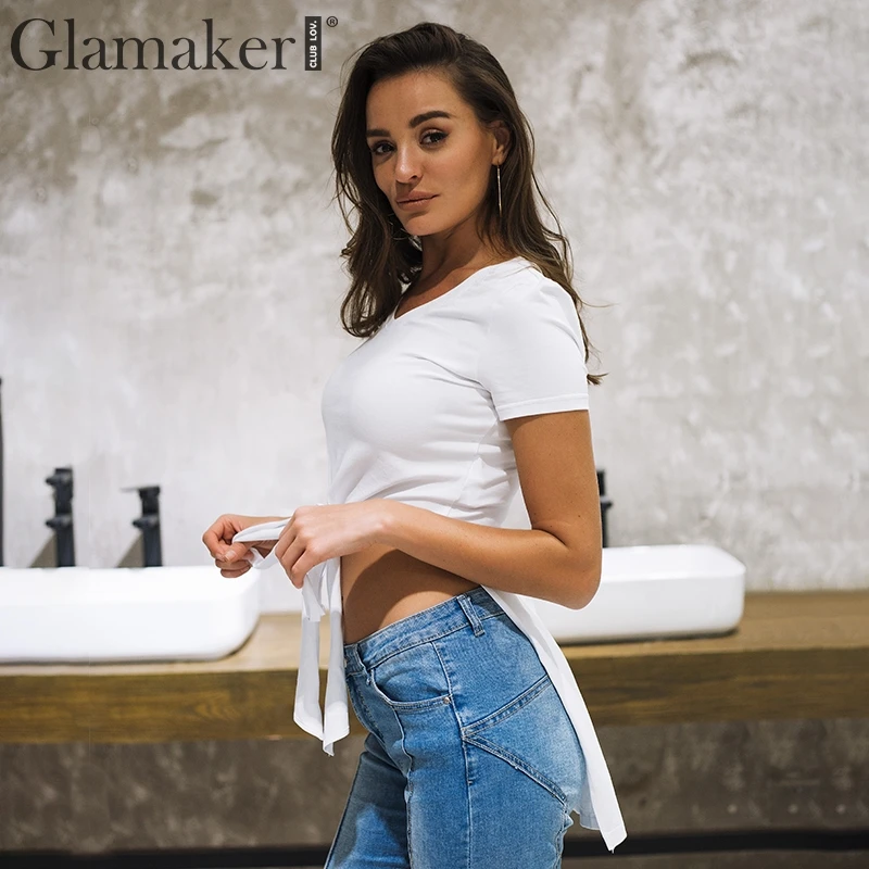 Женская блузка с бантом Glamaker белая длинная накладным хвостом на лето | одежда