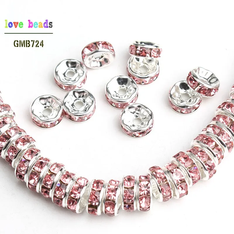 

6/8mm Metal Silver Color Pink Crystal Rhinestone Rondelle Loose Beads DIY Jewelry Making Accessories 100/200/300pcs/lot