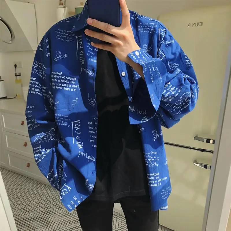 

Hand Drawing Letter Print Loose Casual Harajuku Shirt Men Long sleeve Blue Spring Summer Tops Autumn Button Down Shirts Blue