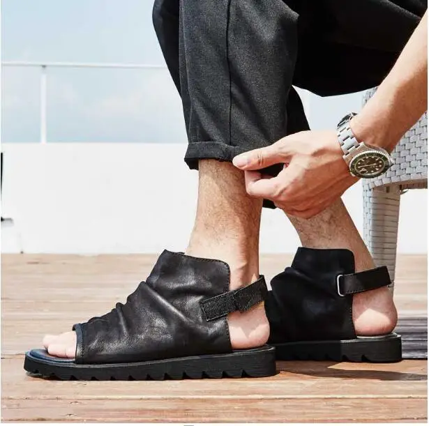 

Sandals Men High top British Style Genuine leather Summer Beach Lazy Gladiators