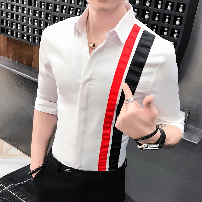 Мужская рубашка в стиле пэчворк однобортная приталенная смарт-кэжуал с рукавом